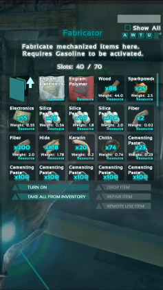 This image shows the fabricator with an Engram selected and Gasoline to make the Fabricator ready to craft advanced items in Ark.