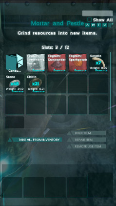 In Ark the Mortar & Pestle has the same general controls as does crafting in your inventory.