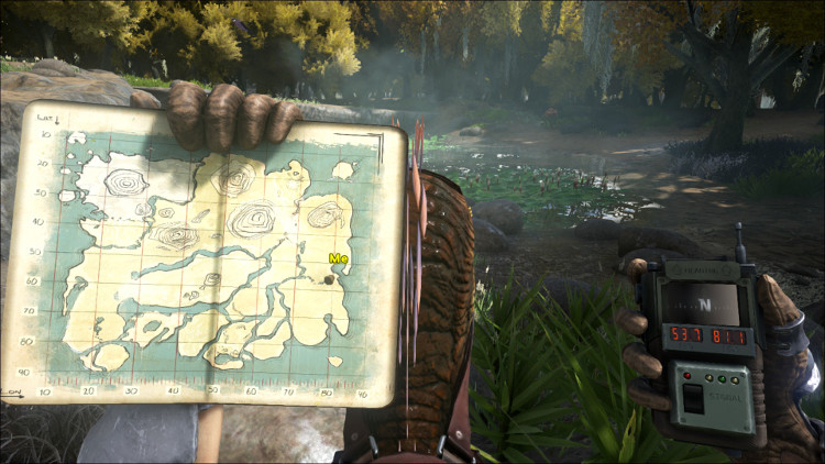 This image shows the map and gps location for a few Wild Plant Species X growing around a small pond on the Ark.