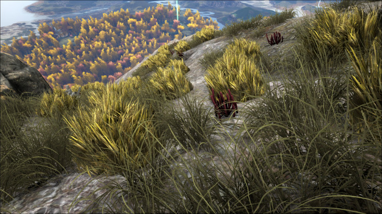 This image shows some bushes on a mountain top that can provide Rare Flowers on the Ark.
