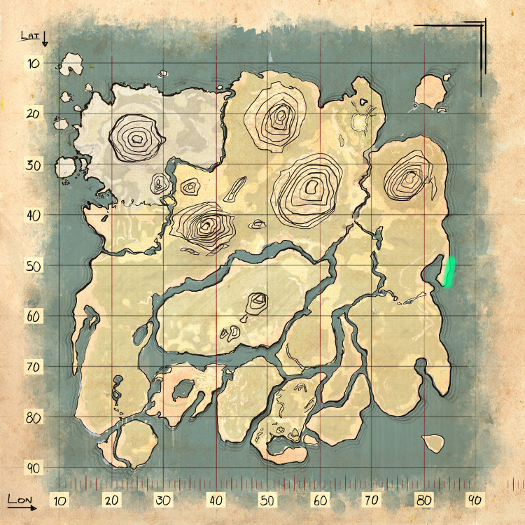 This map shows the safest place I've found on the Ark to harvest Rare Mushrooms.